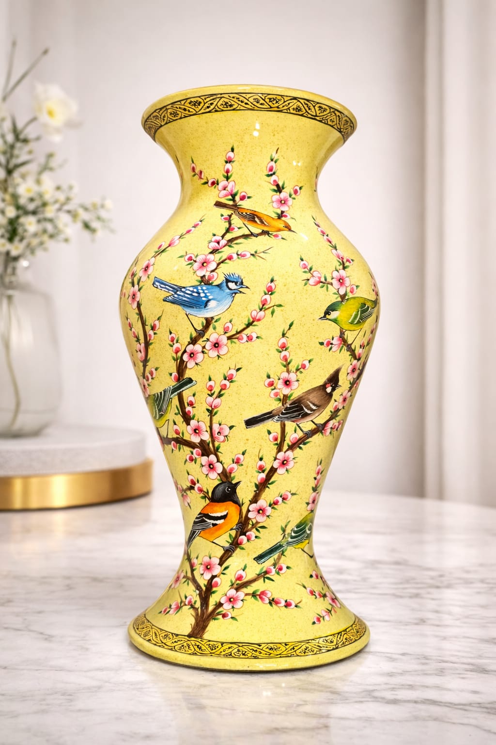 Handmade Kashmiri paper mache flower vase, Hand painted flower vase with birds and floral design  from Kashmir valley 